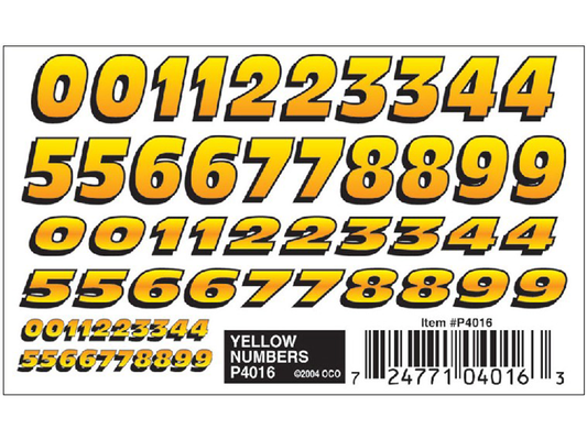 Pine Car Dry Transfer, Yellow Numbers